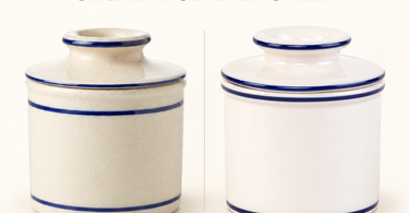 Comparison of a crazed ceramic butter crock and a smooth new bone china Butter Bell Crock