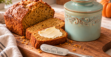 Sea Spray Butter Bell® crock beside sliced pumpkin bread with soft butter and a silver Butter Days Ahead spreader.